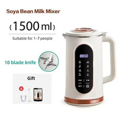 1.5L Multifunctional 10-Blade Blender & Soymilk Maker - 600W Heating & Blending Machine with 304 Stainless Steel Liner