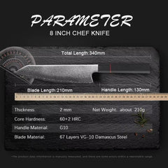 8-Inch Damascus Steel Chef Knife - 67-Layer High Carbon Kitchen Knife with Ergonomic G10 Handle