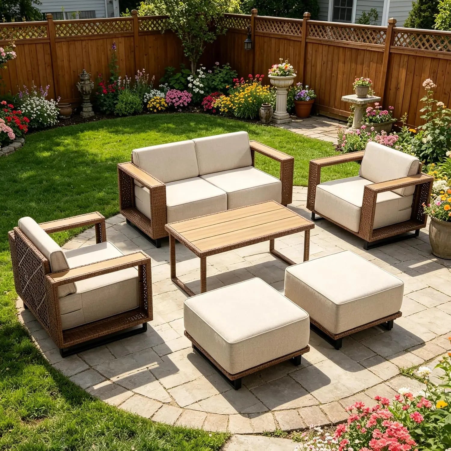 7-Piece Outdoor Patio Furniture Set, All-Weather PE Rattan Sectional Sofa Conversation Set