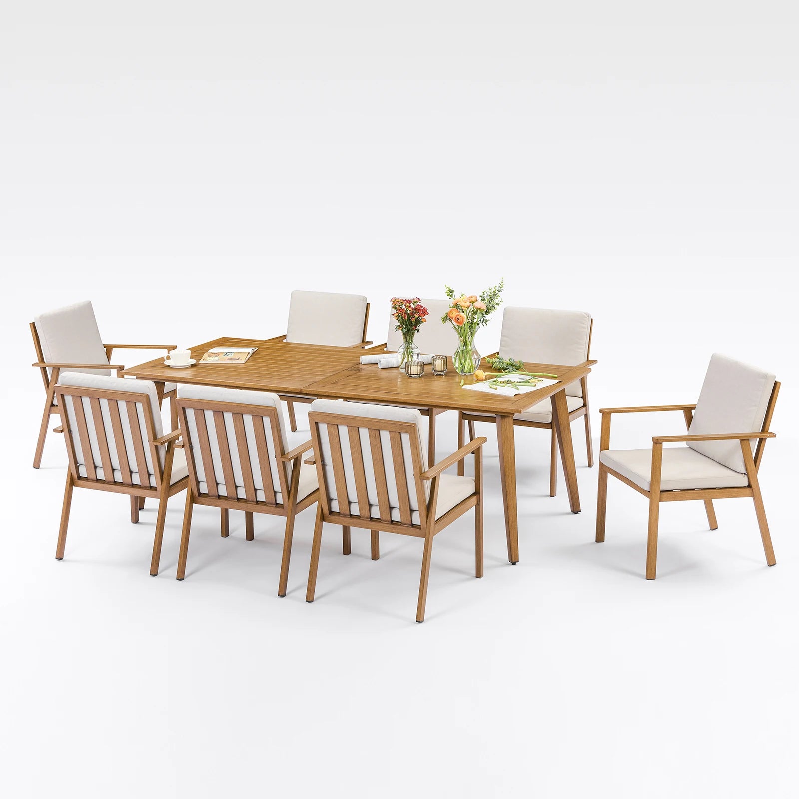 9-Piece Patio Dining Set for 8, Outdoor Aluminum Table with Umbrella Hole, Teak