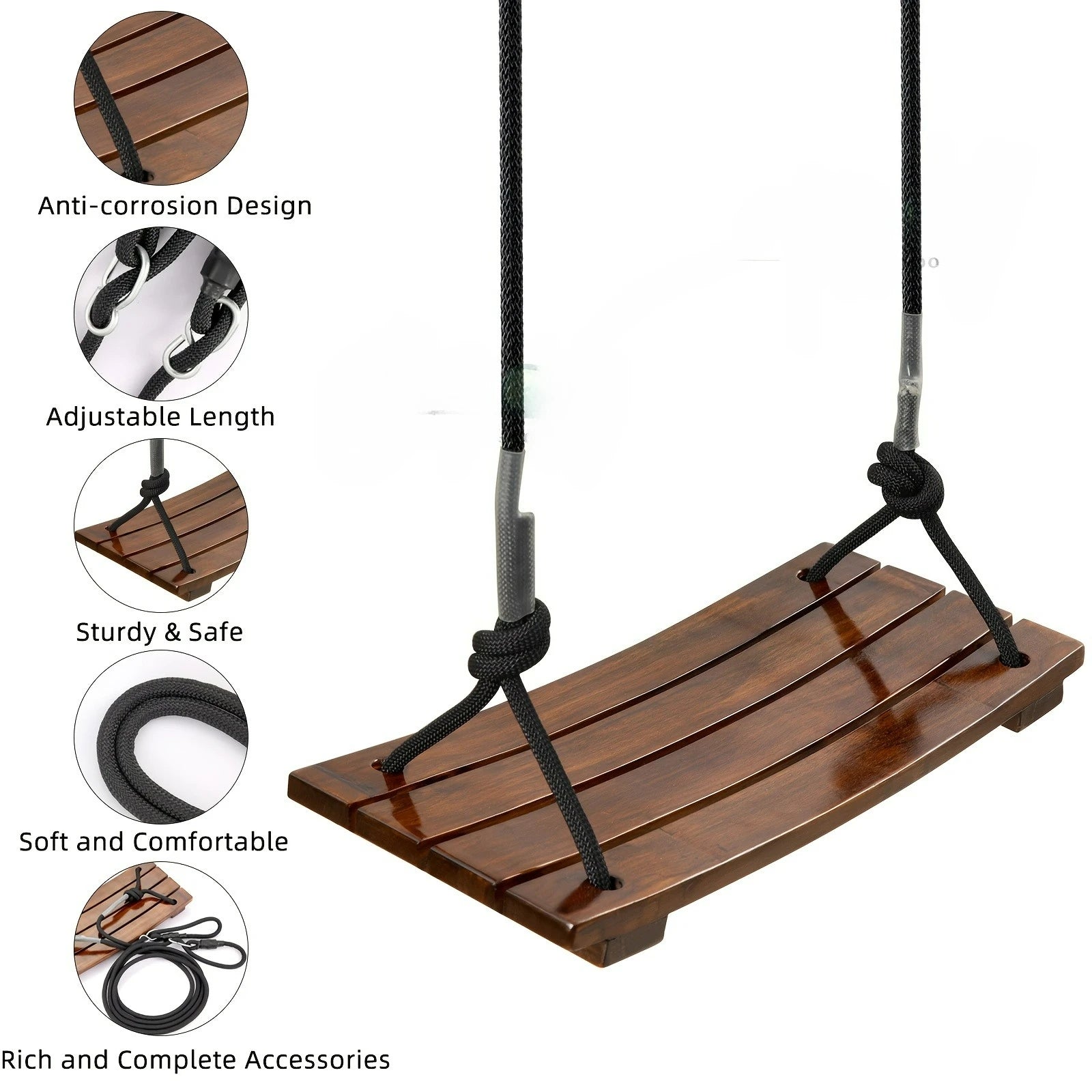 Adult Outdoor Swing Chair, Heavy-Duty Wooden Porch Swing, 330lbs Capacity Garden Hanging Seat