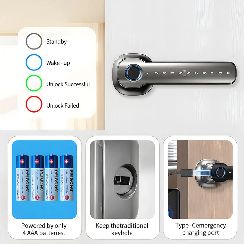 Smart Hand Lock for Front Doors Fingerprint Key Access Card Unlocking Tuya APP Remote
