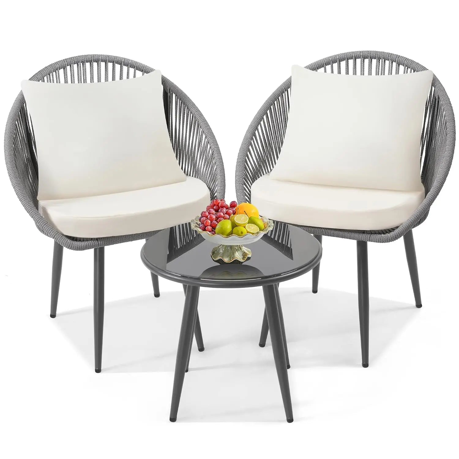 3-Piece Outdoor Bistro Set, Woven Rope Chairs with Cushions, All-Weather Patio Conversation Set with Side Table