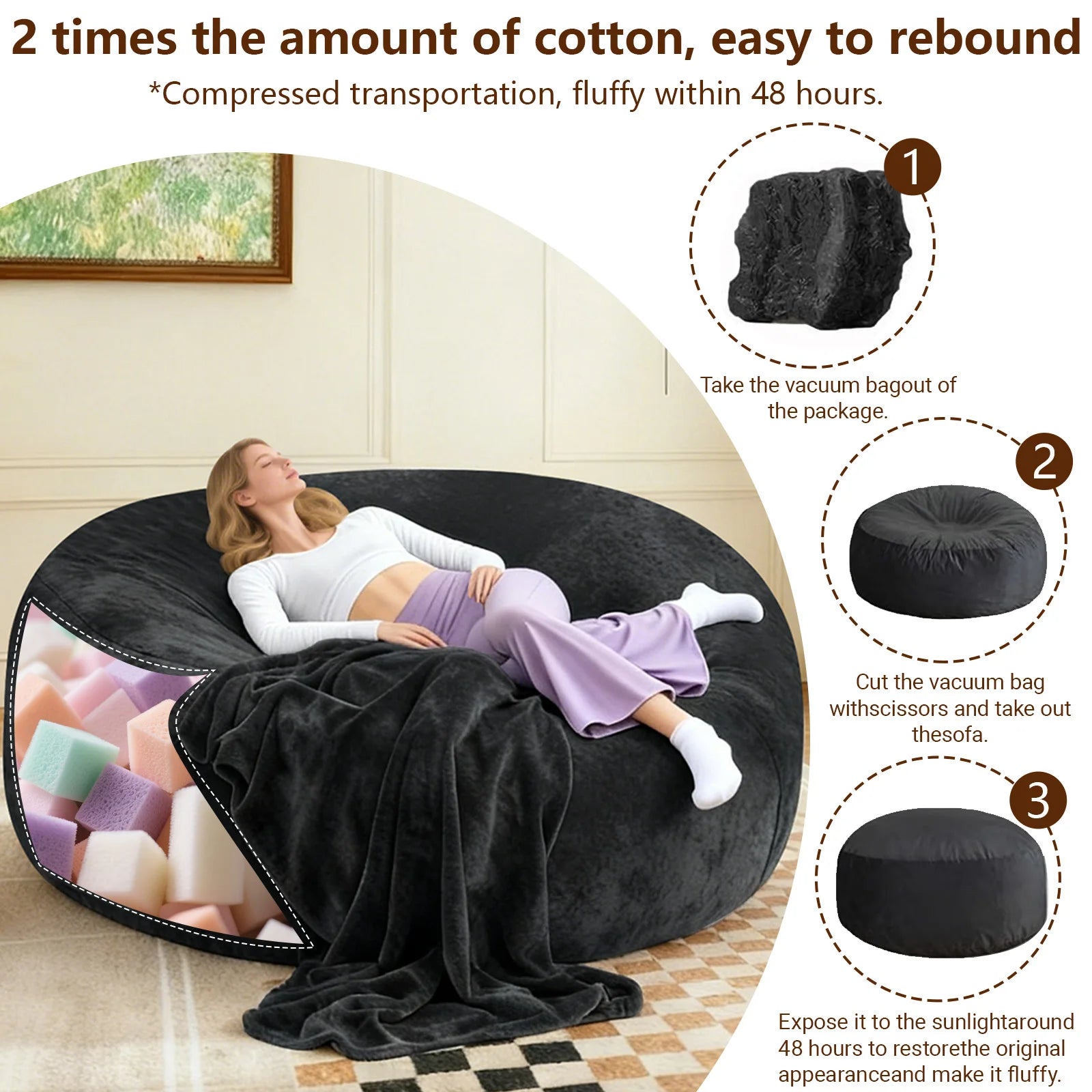 Adult Memory Foam Bean Bag Chair, 39 x 39 x 24 in, Soft Flannel Washable Cover, Padded Reading Seat for Bedroom and Dorm | 200134144
