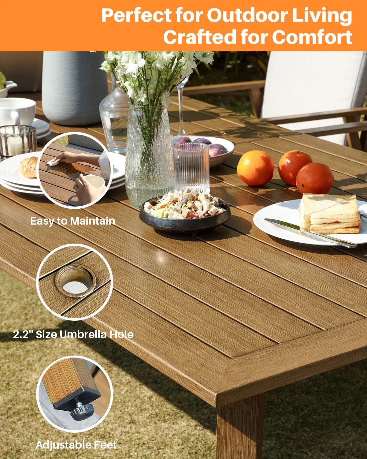 9-Piece Patio Dining Set for 8, Outdoor Aluminum Table with Umbrella Hole, Teak