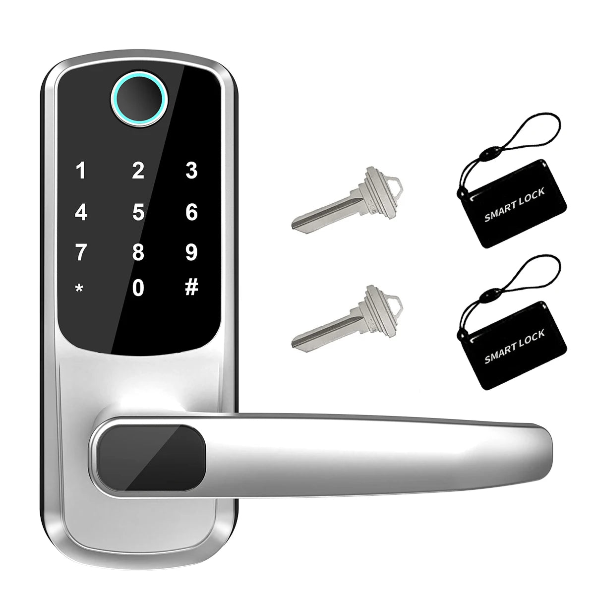 WiFi Smart Door Lock | Biometric Fingerprint, Password, Card & Key | USB Emergency Charger | Silver