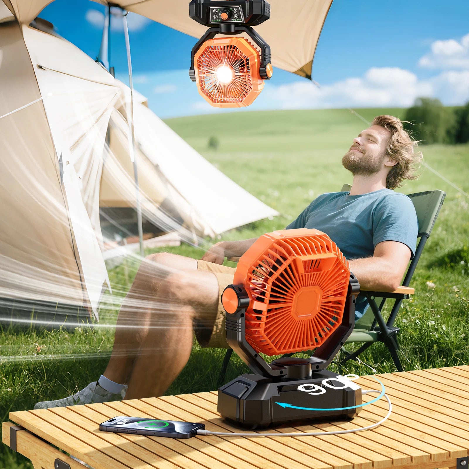 Portable Camping Fan with LED Lantern Remote and Hanging Hook