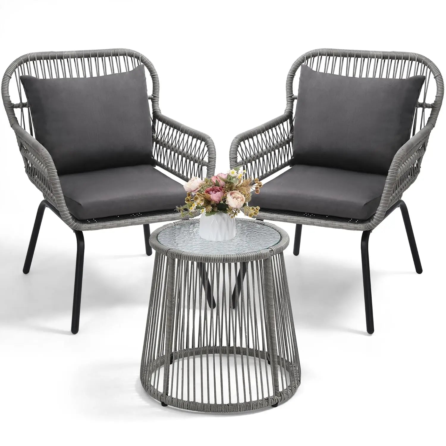 3-Piece Outdoor Bistro Set, Woven Rope Chairs with Cushions, All-Weather Patio Conversation Set with Side Table