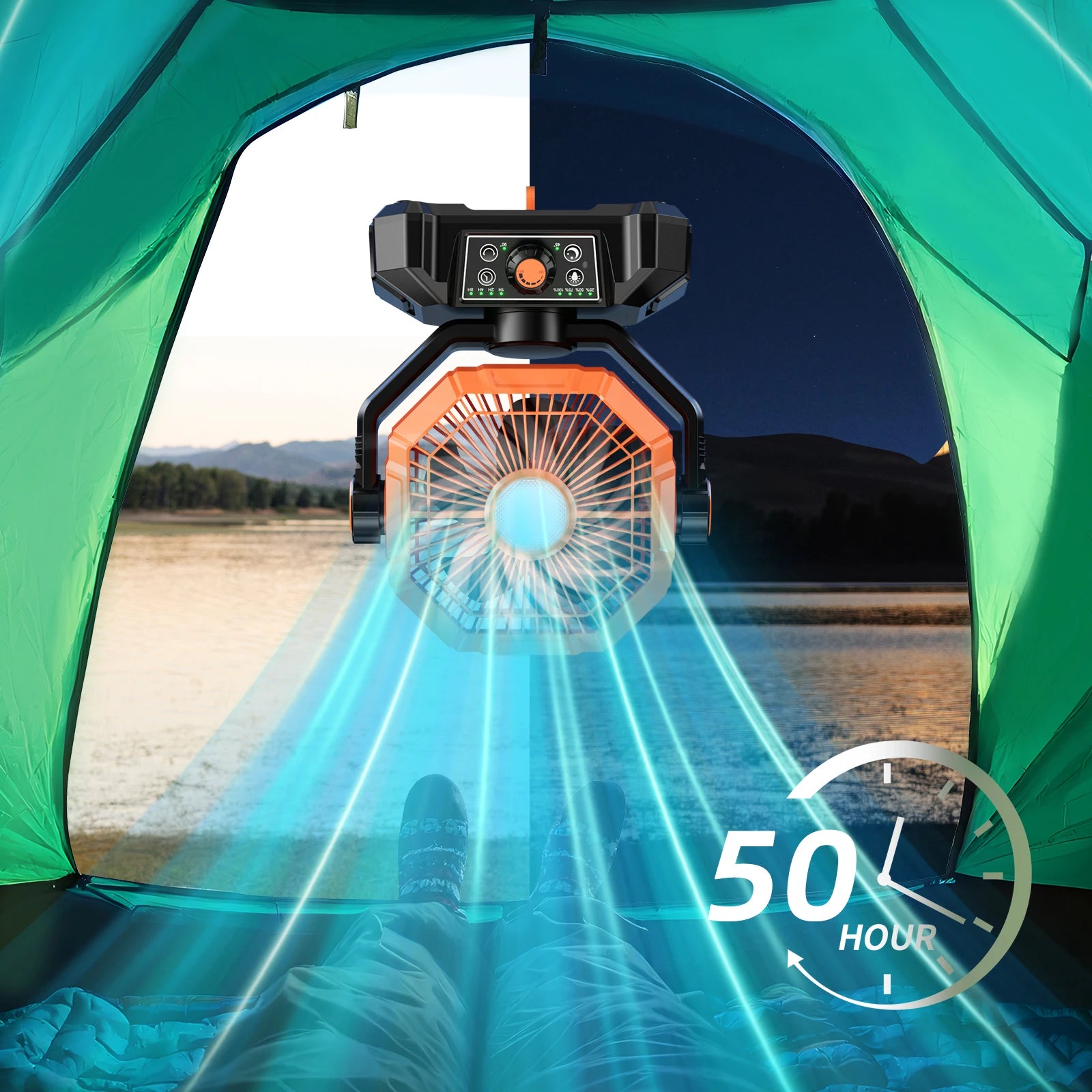 Portable Camping Fan with LED Lantern Remote and Hanging Hook