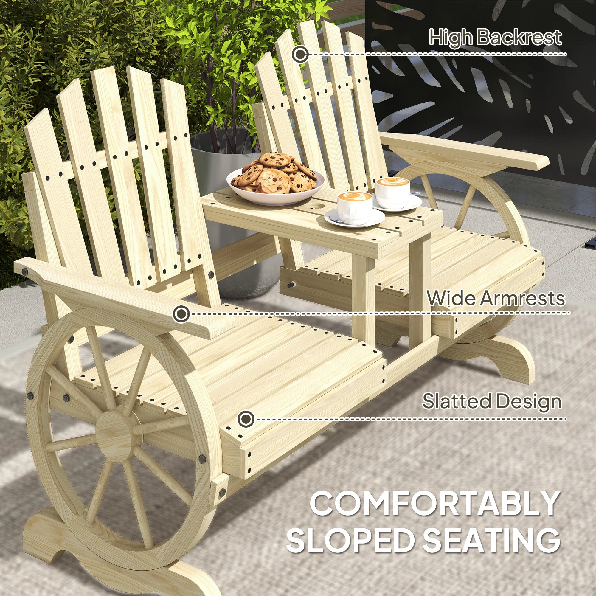 2-Seat Outdoor Wooden Bench with Table, Natural Wood | 1503
