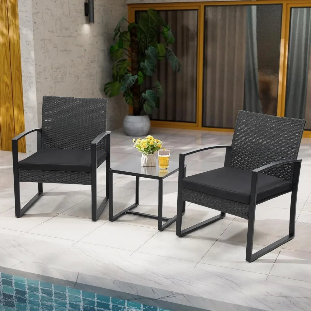 3 Piece Wicker Patio Bistro Set with Coffee Table Rattan Conversation Furniture for Balcony Garden Poolside Porch Yard Black