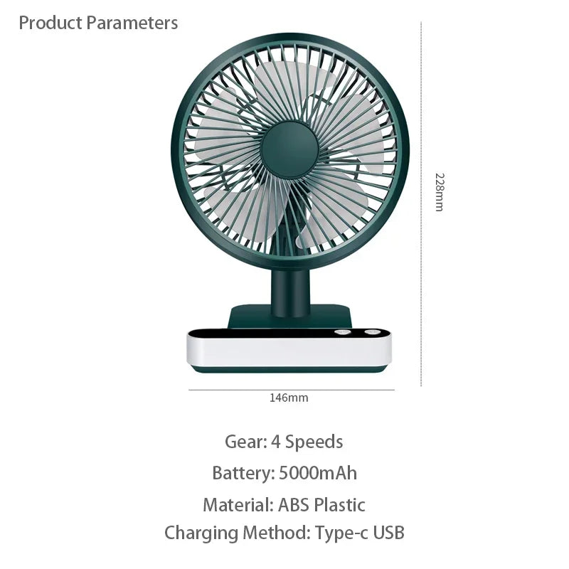 USB Rechargeable Oscillating Desk Fan 4 Speed Settings 5000mAh Table Fan