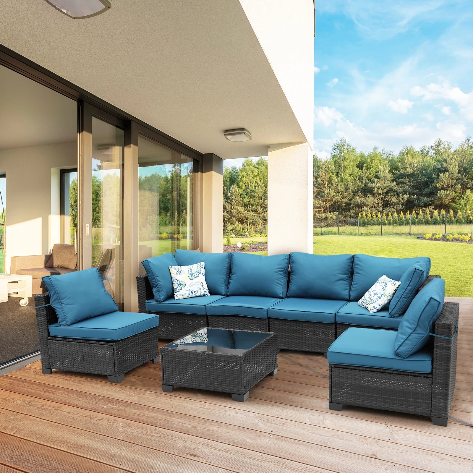 7-Piece Patio Furniture Set - All-Weather Wicker Rattan Outdoor Conversation Set in Black/Peacock Blue for Backyard Garden Pool