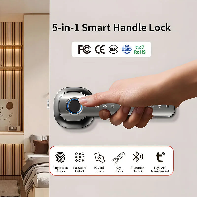 Smart Hand Lock for Front Doors Fingerprint Key Access Card Unlocking Tuya APP Remote