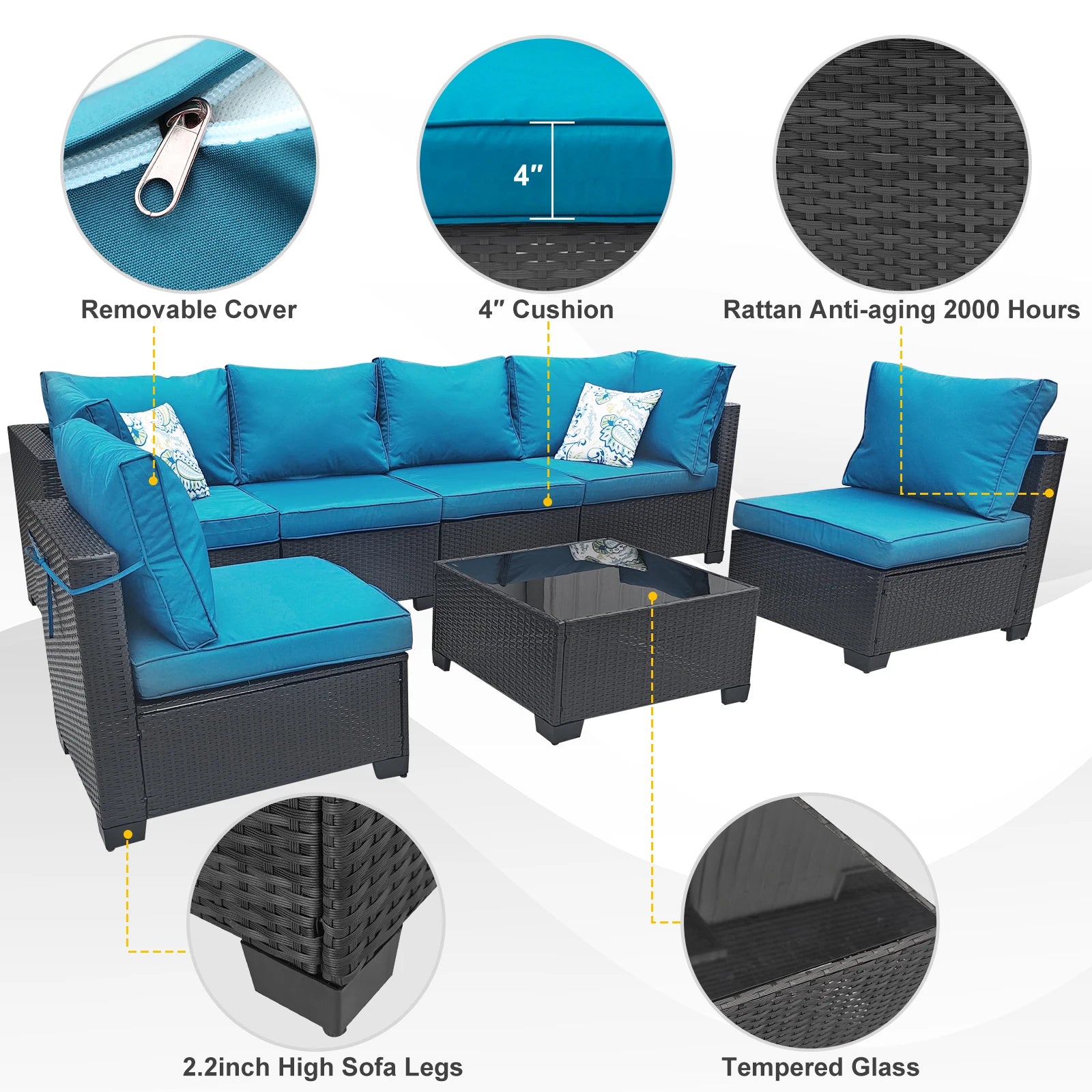 7-Piece Patio Furniture Set - All-Weather Wicker Rattan Outdoor Conversation Set in Black/Peacock Blue for Backyard Garden Pool
