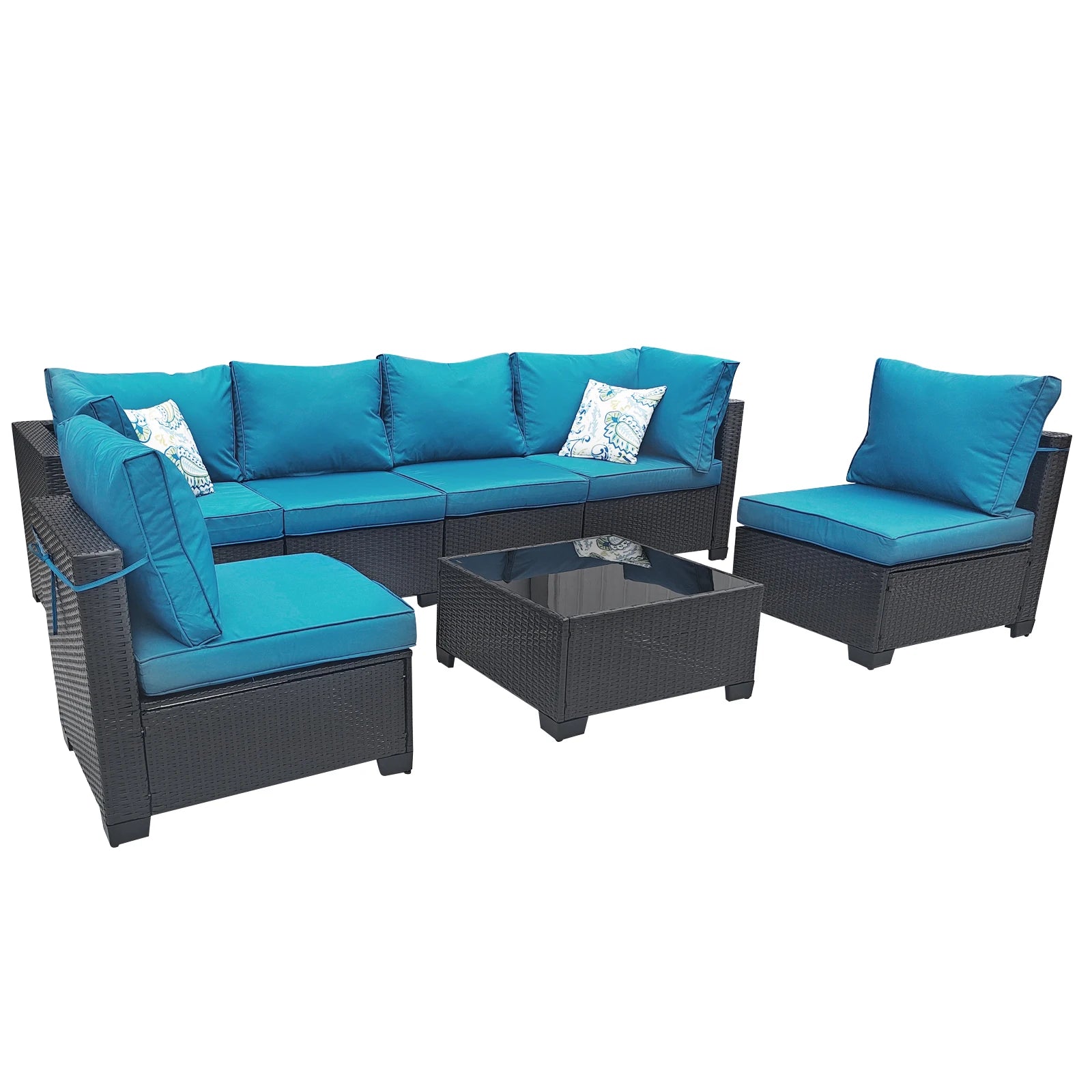 7-Piece Patio Furniture Set - All-Weather Wicker Rattan Outdoor Conversation Set in Black/Peacock Blue for Backyard Garden Pool