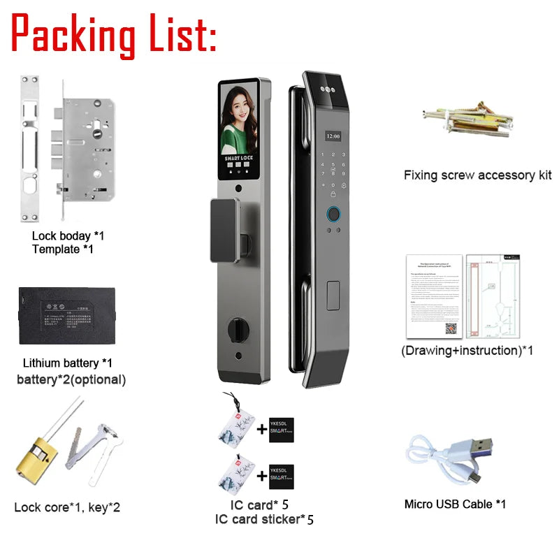 3D Face Recognition Smart Door Lock with Camera | Tuya & Smart Life App Control | Voice Intercom | Fingerprint & Password | Rechargeable Battery | 30280 SC S-H SB