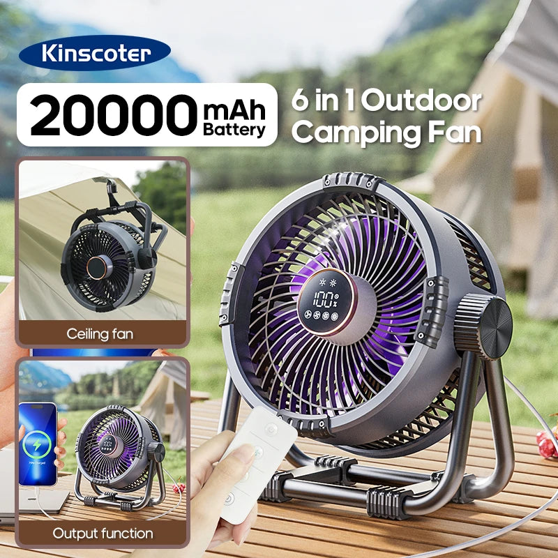 Portable Outdoor Camping Tent Ceiling Fan with LED Light and Power Bank