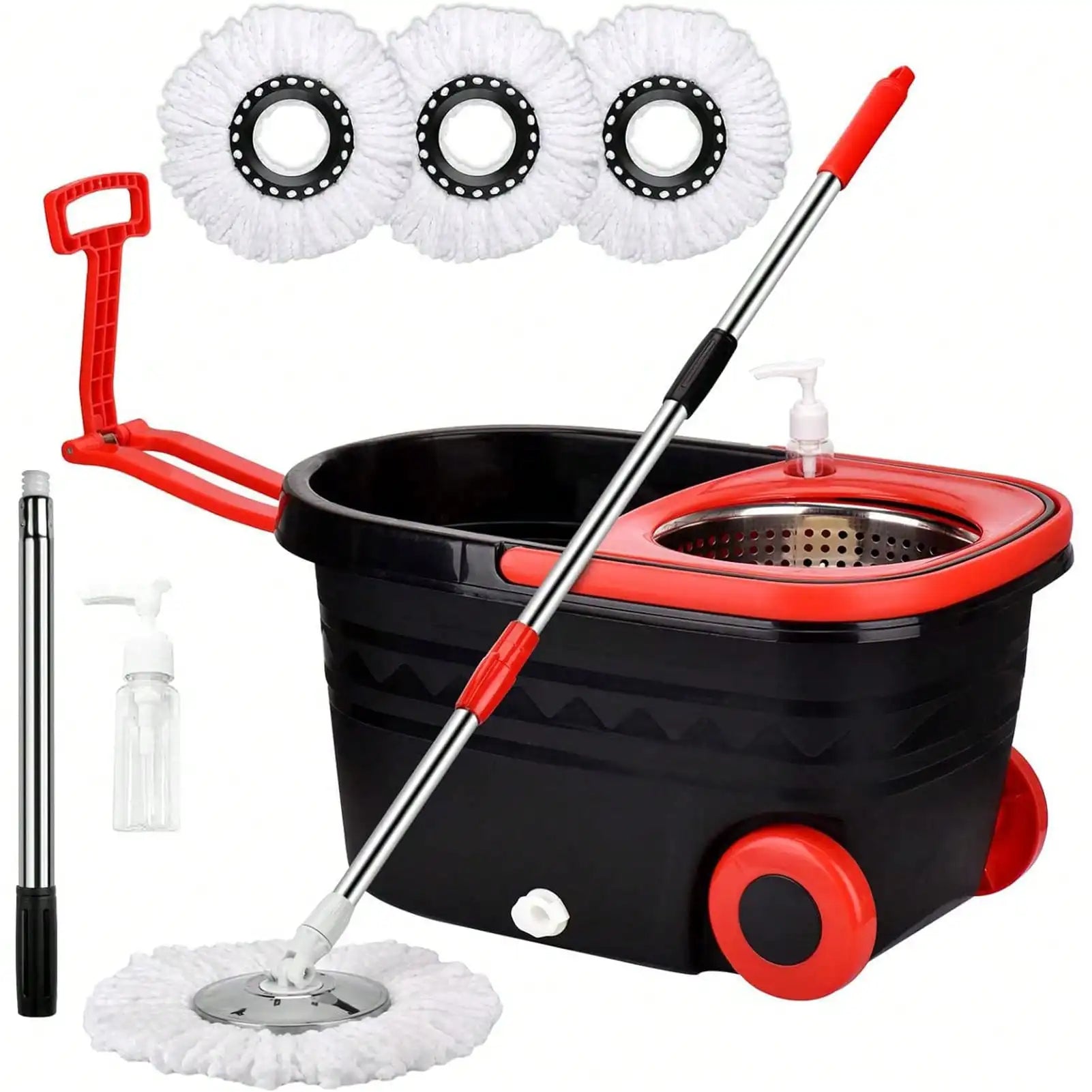 Spin Mop and Bucket with Wringer Set Rolling System