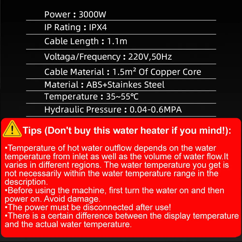 Instant Electric Water Heater Faucet with LED Temperature Display 3000W