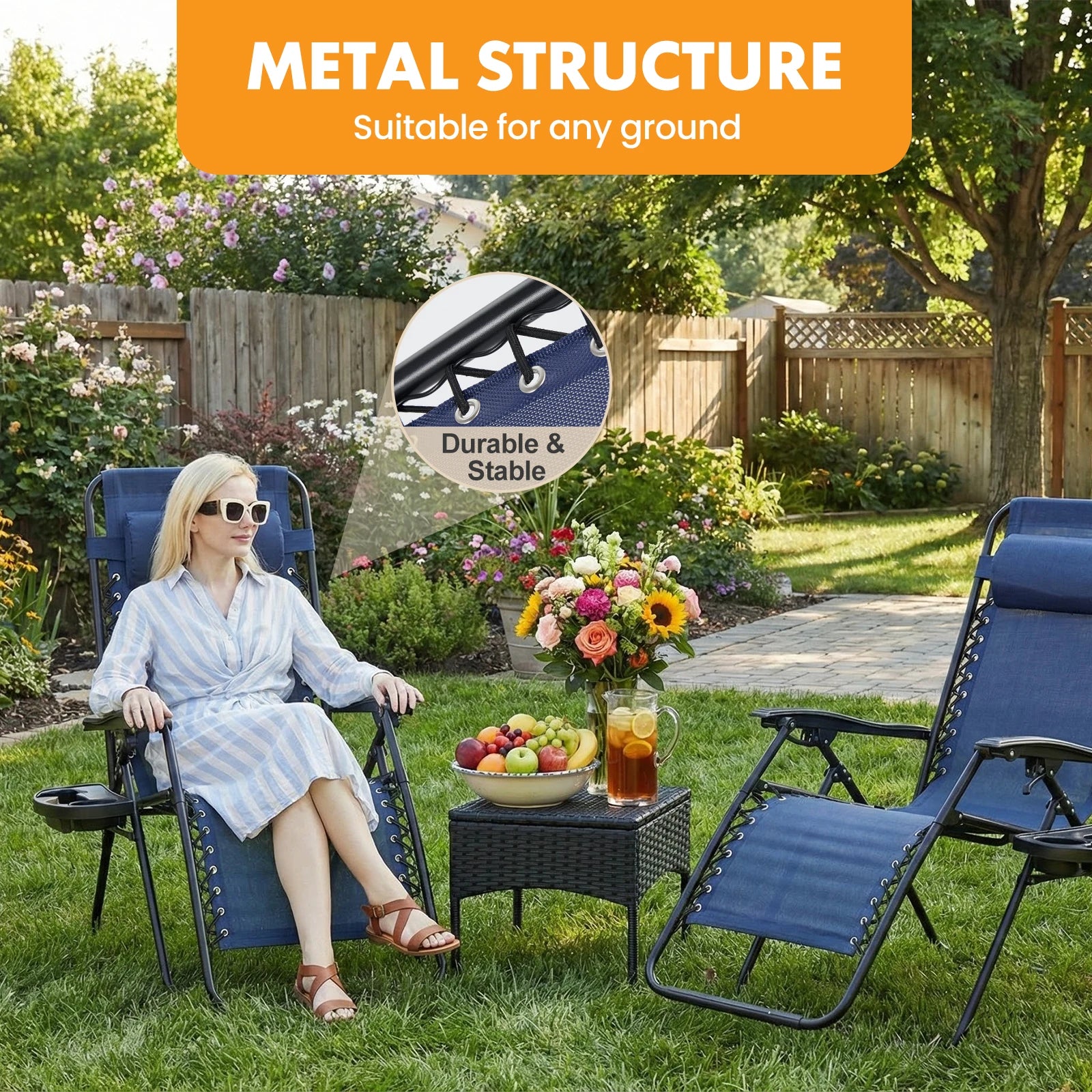 Outdoor Zero Gravity Chairs Set of 2 Folding Recliner Beach Camping Patio Lounge Chair with Cup Holder and Adjustable Pillow