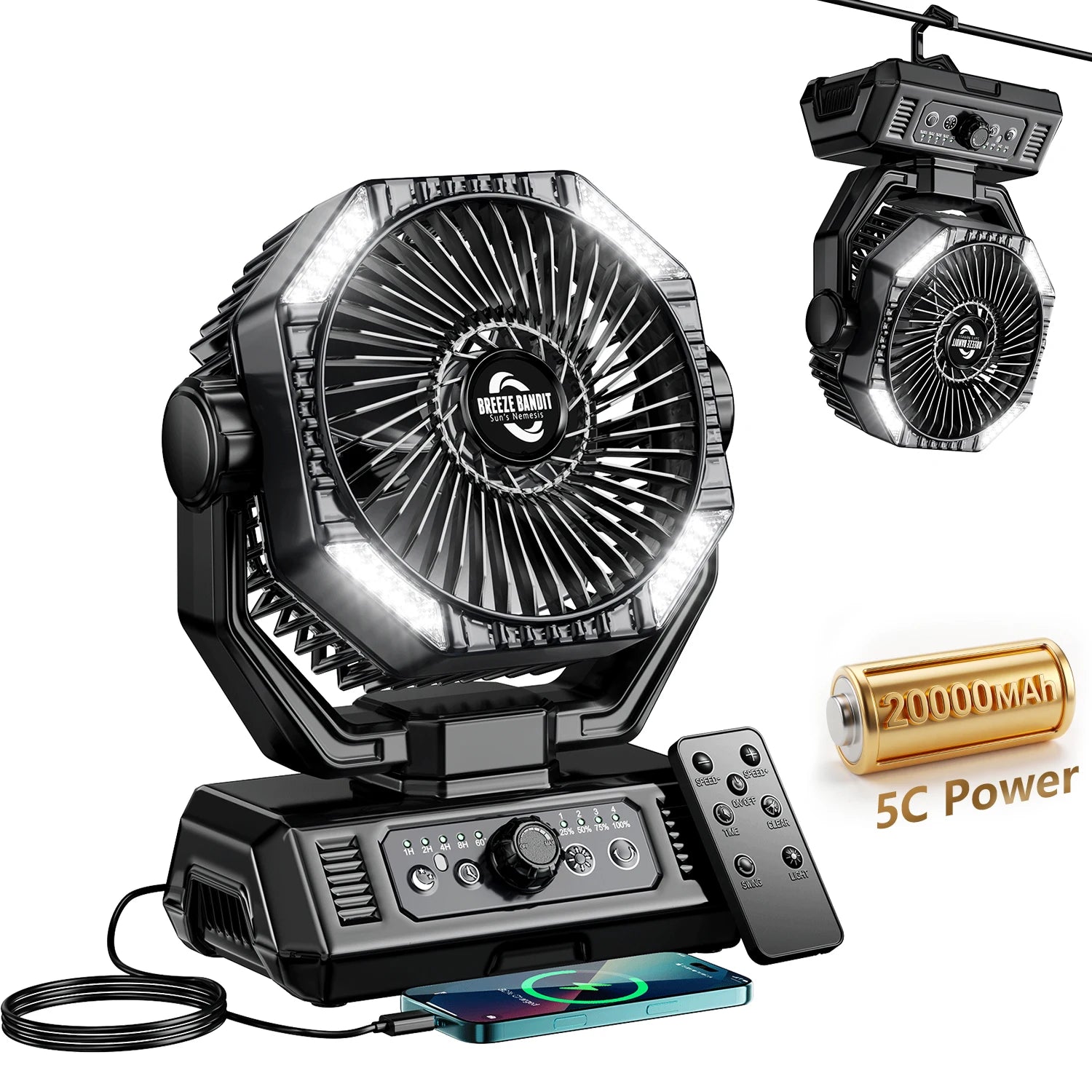 Portable Camping Fan with LED Lantern Remote and Hanging Hook