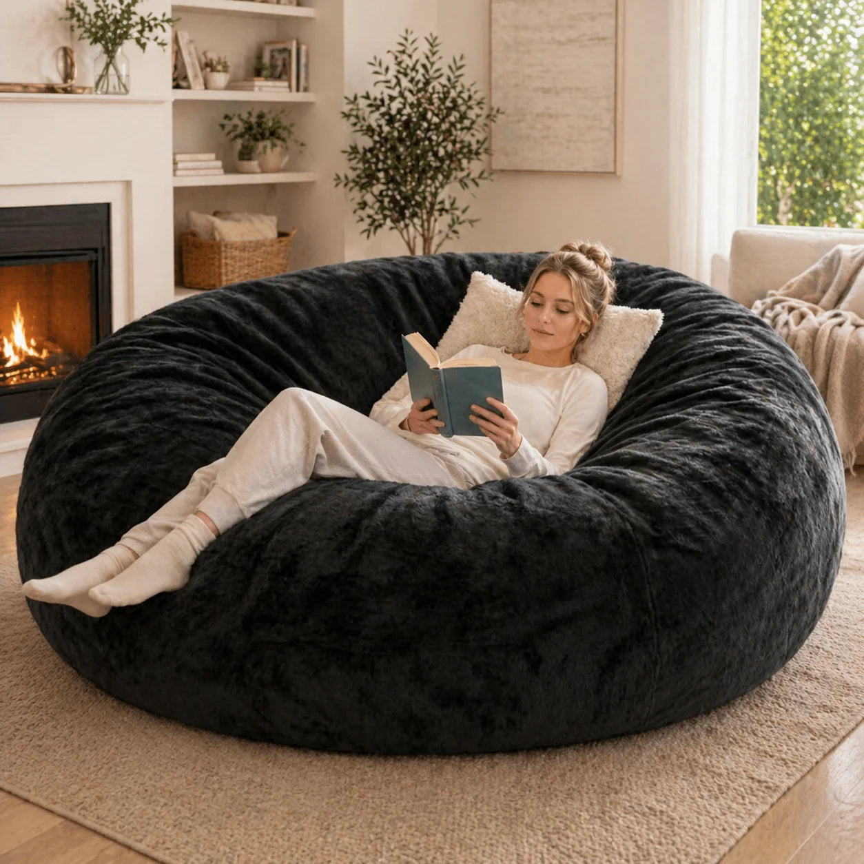 Adult Memory Foam Bean Bag Chair, 39 x 39 x 24 in, Soft Flannel Washable Cover, Padded Reading Seat for Bedroom and Dorm | 200134144