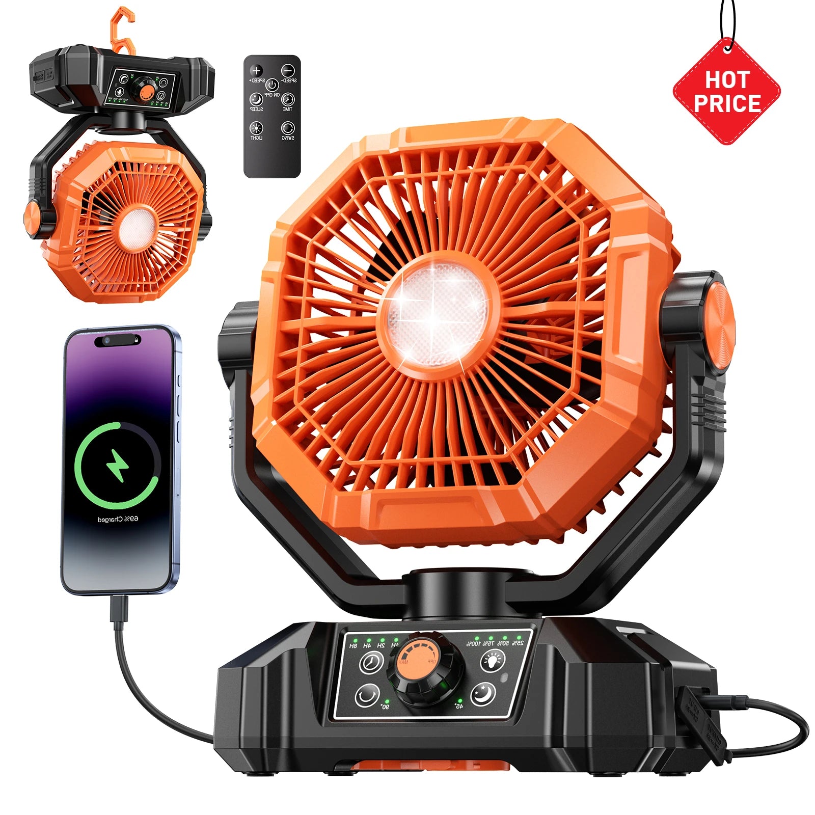 Portable Camping Fan with LED Lantern Remote and Hanging Hook