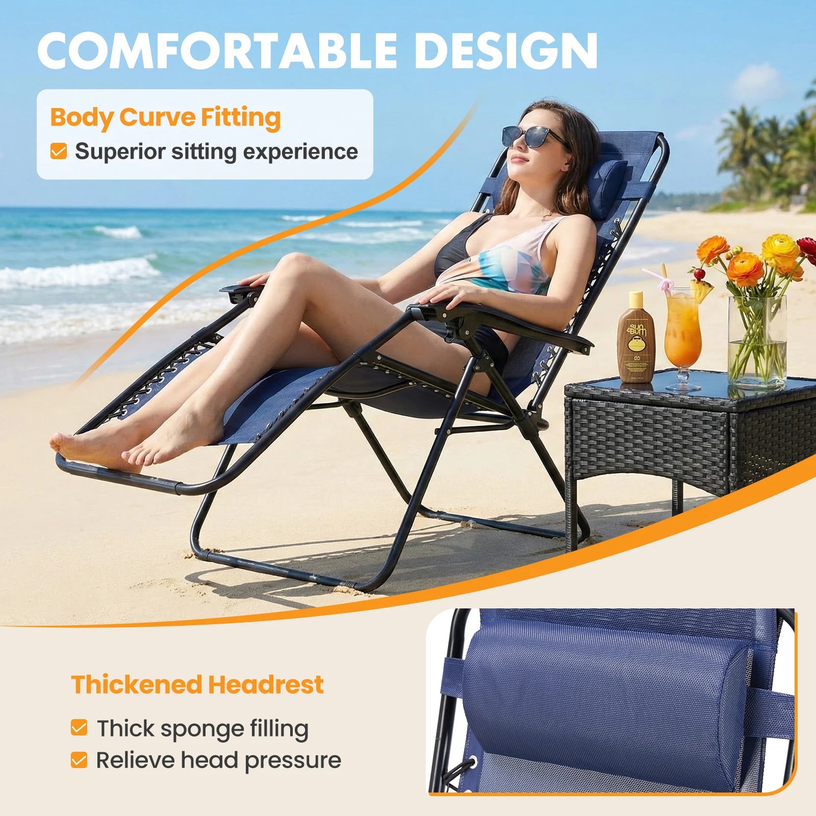 Outdoor Zero Gravity Chairs Set of 2 Folding Recliner Beach Camping Patio Lounge Chair with Cup Holder and Adjustable Pillow