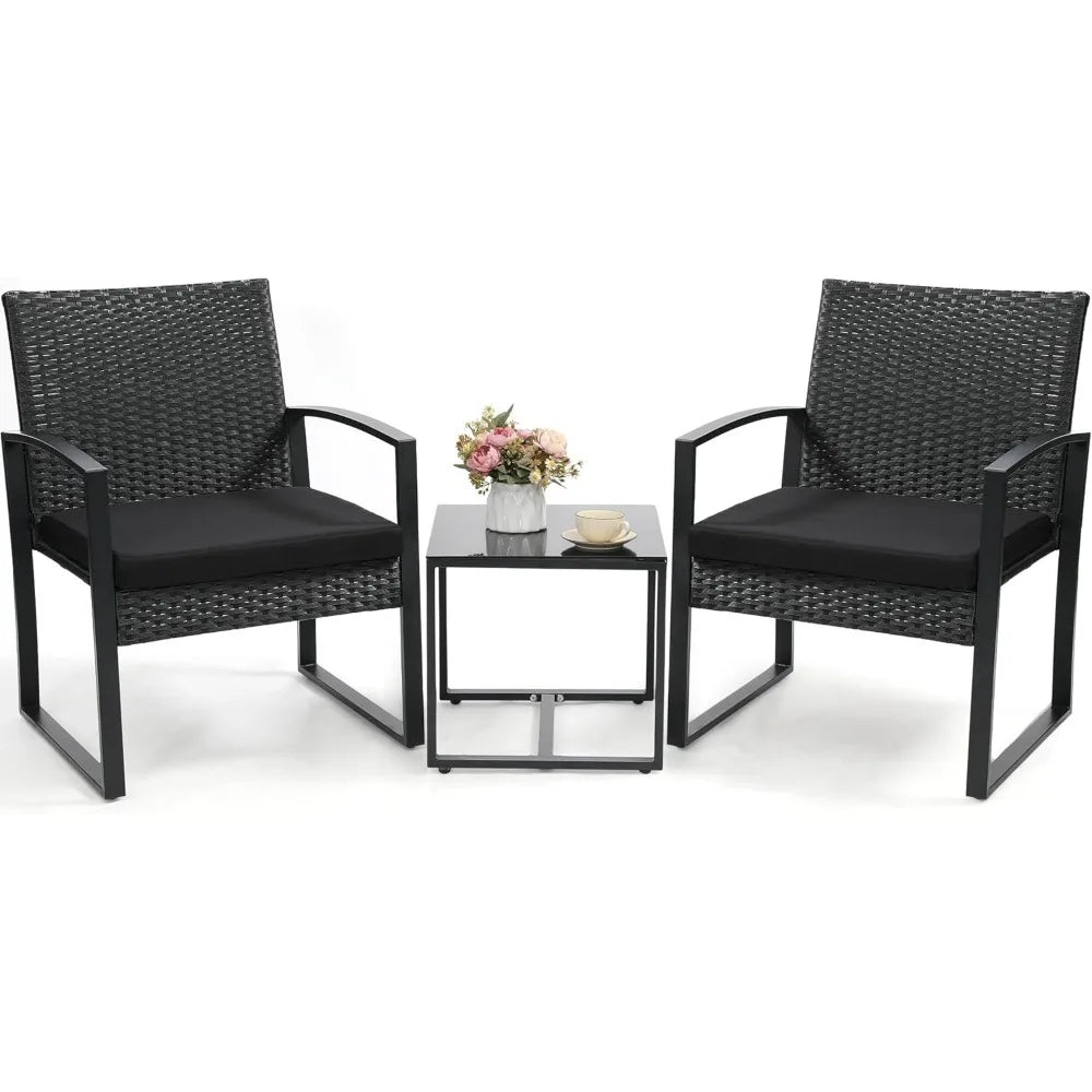 3 Piece Wicker Patio Bistro Set with Coffee Table Rattan Conversation Furniture for Balcony Garden Poolside Porch Yard Black