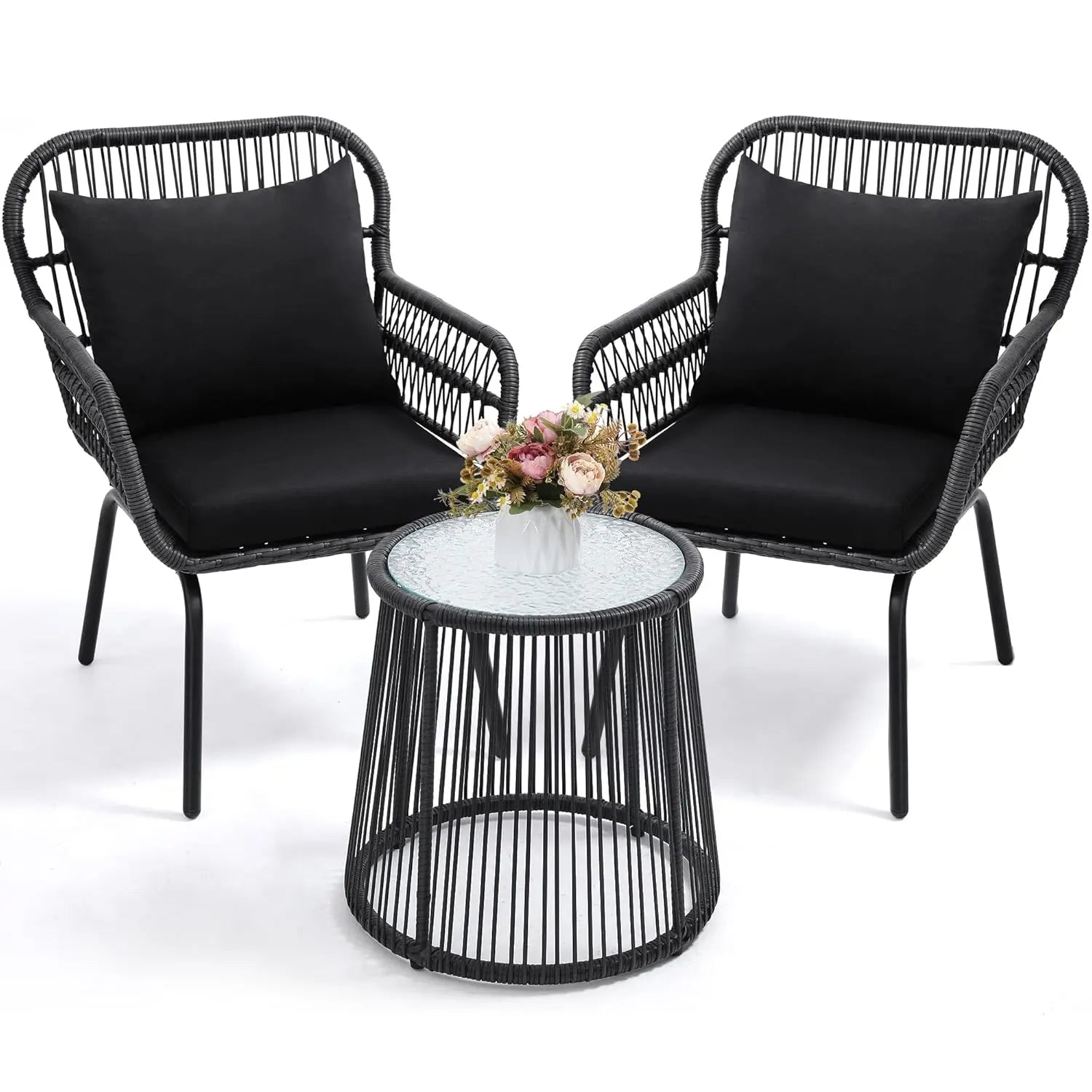 3-Piece Outdoor Bistro Set, Woven Rope Chairs with Cushions, All-Weather Patio Conversation Set with Side Table