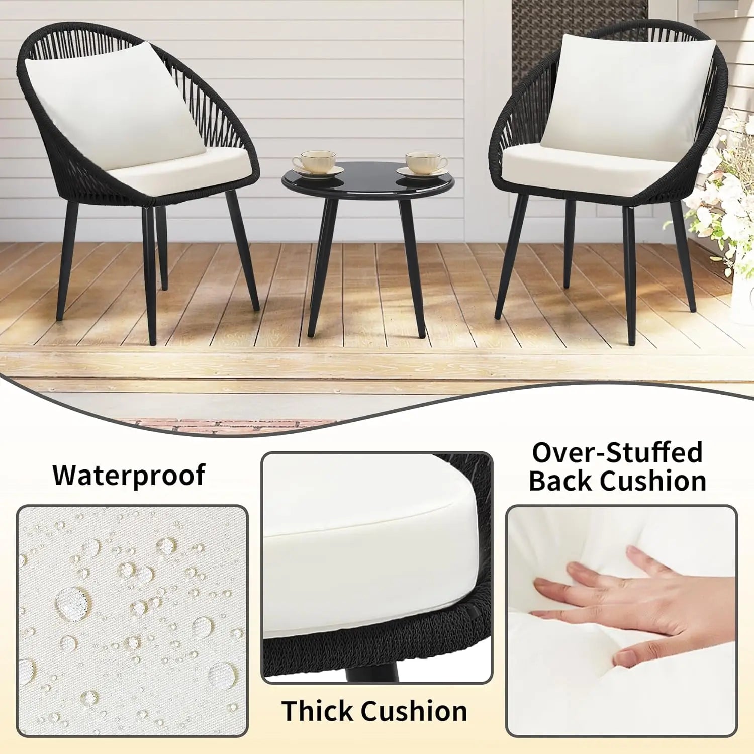 3-Piece Outdoor Bistro Set, Woven Rope Chairs with Cushions, All-Weather Patio Conversation Set with Side Table
