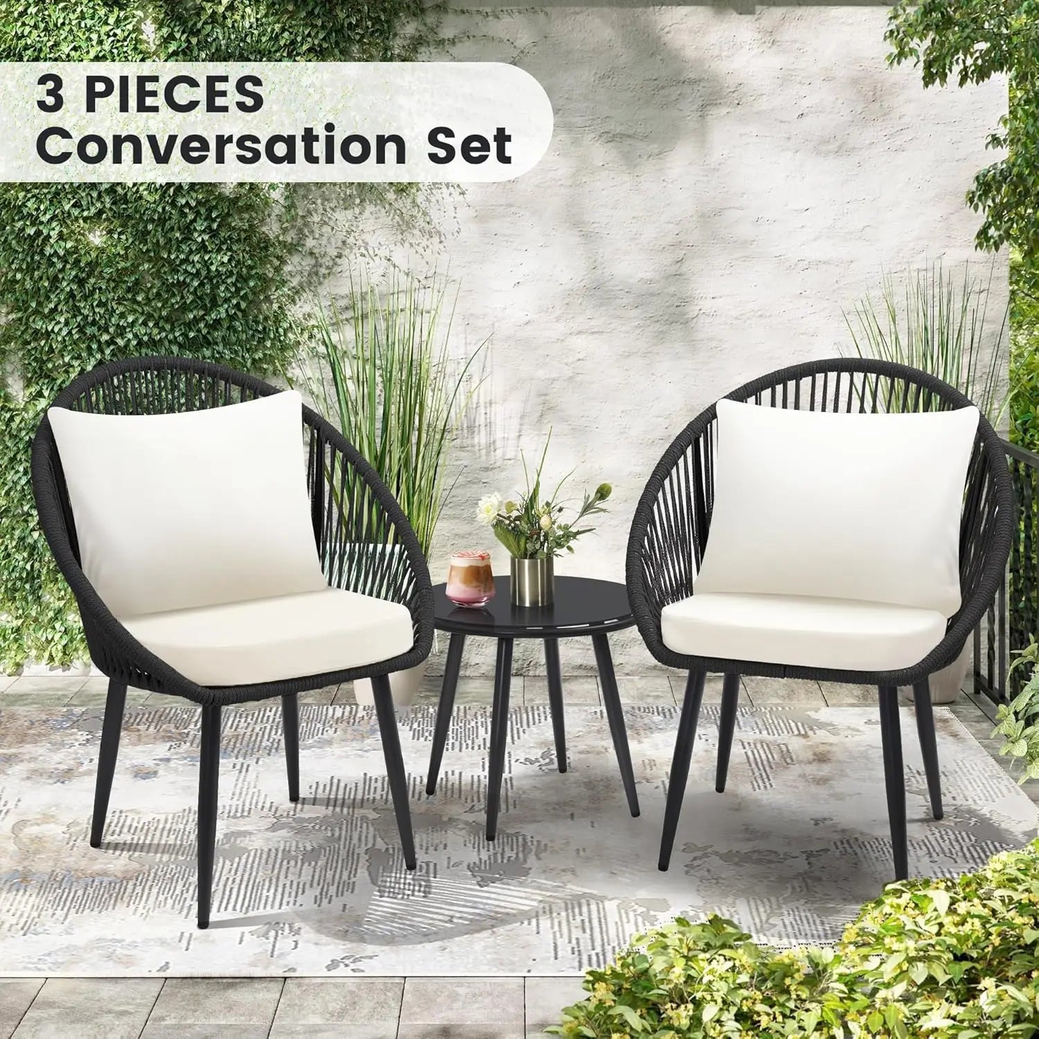 3-Piece Outdoor Bistro Set, Woven Rope Chairs with Cushions, All-Weather Patio Conversation Set with Side Table