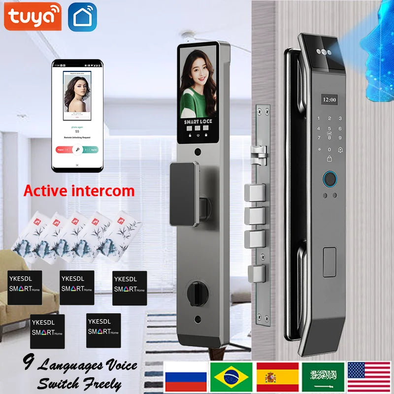 3D Face Recognition Smart Door Lock with Camera | Tuya & Smart Life App Control | Voice Intercom | Fingerprint & Password | Rechargeable Battery | 30280 SC S-H SB