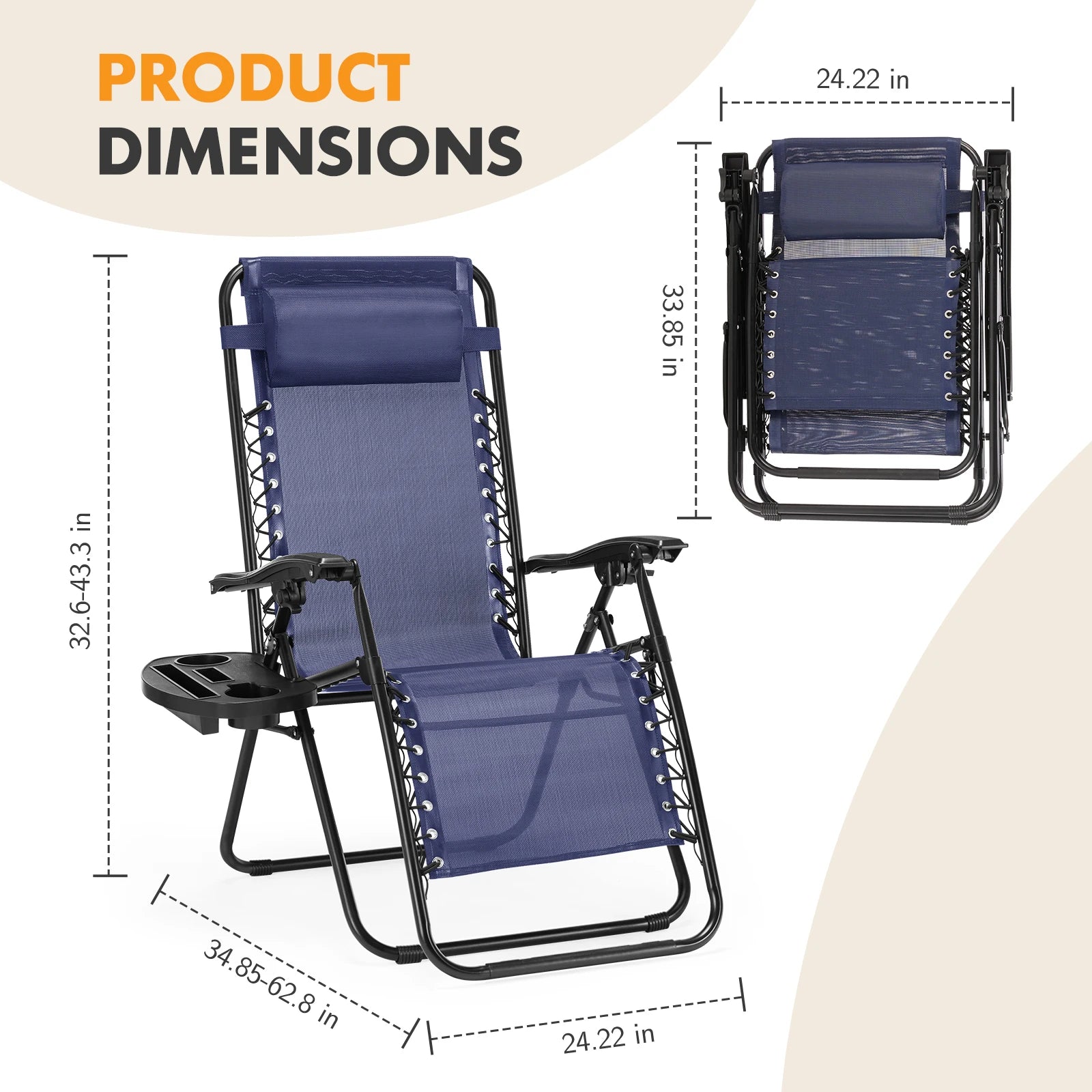 Outdoor Zero Gravity Chairs Set of 2 Folding Recliner Beach Camping Patio Lounge Chair with Cup Holder and Adjustable Pillow