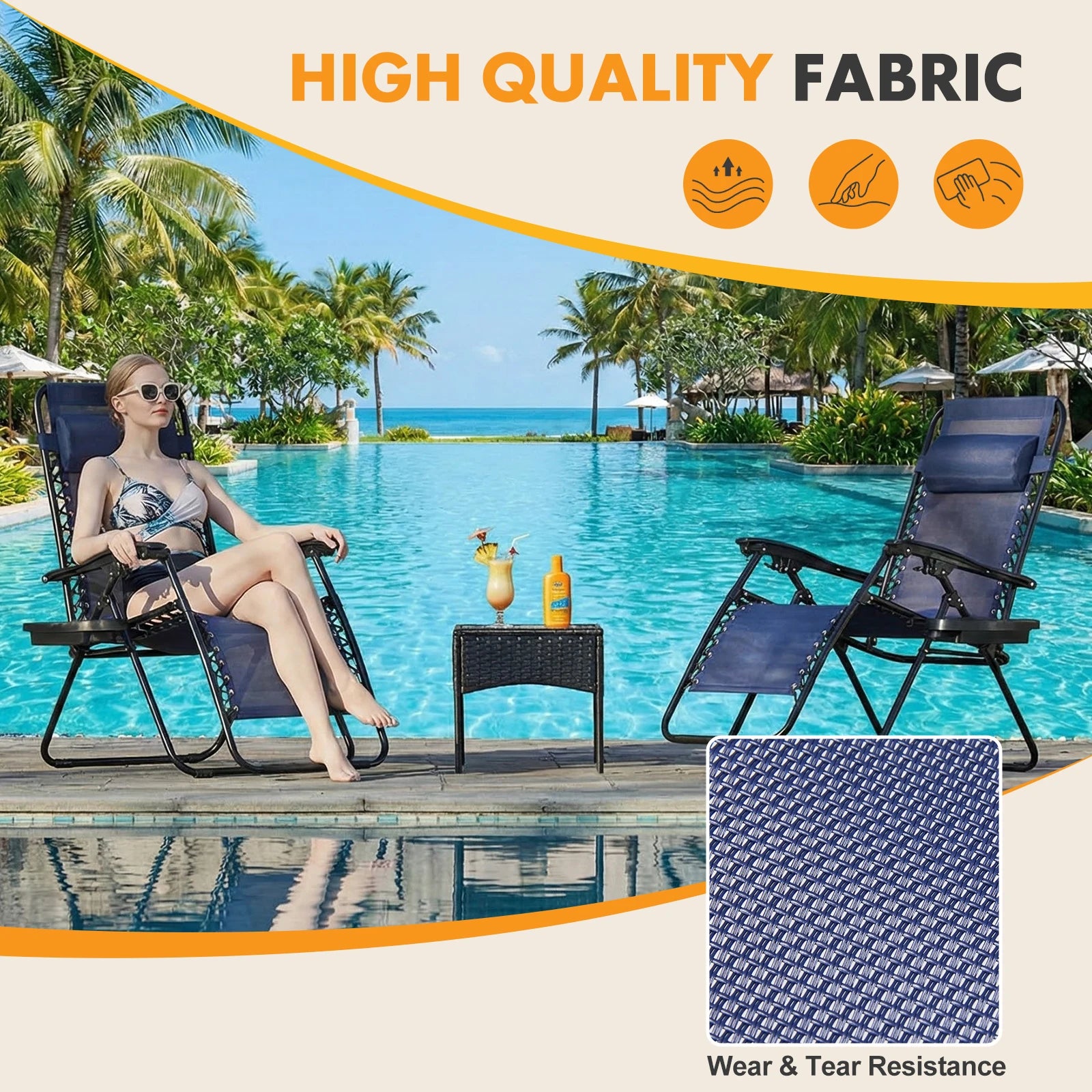 Outdoor Zero Gravity Chairs Set of 2 Folding Recliner Beach Camping Patio Lounge Chair with Cup Holder and Adjustable Pillow