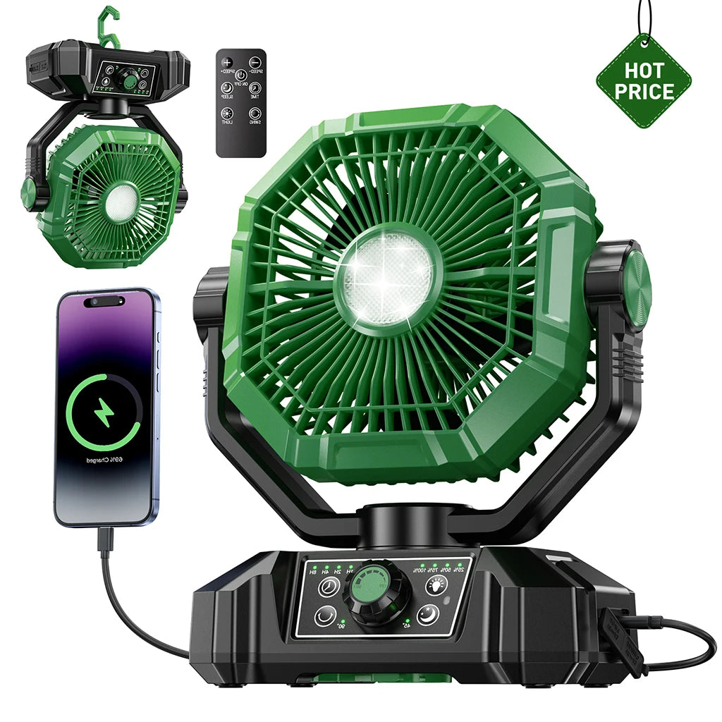 Portable Camping Fan with LED Lantern Remote and Hanging Hook