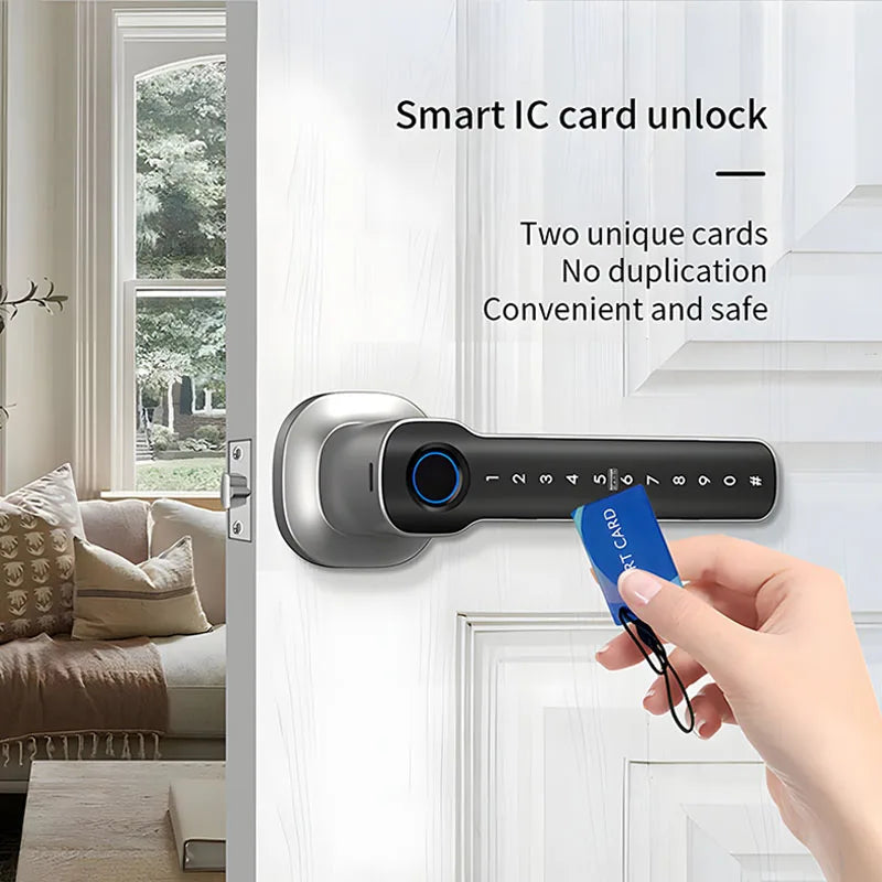 Smart Hand Lock for Front Doors Fingerprint Key Access Card Unlocking Tuya APP Remote