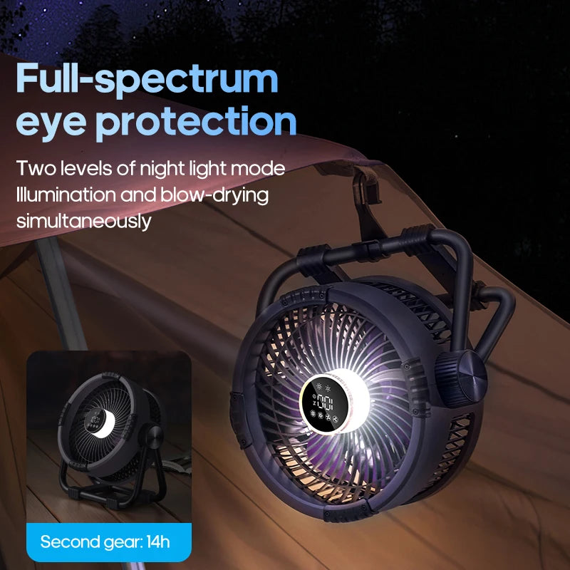 Portable Outdoor Camping Tent Ceiling Fan with LED Light and Power Bank