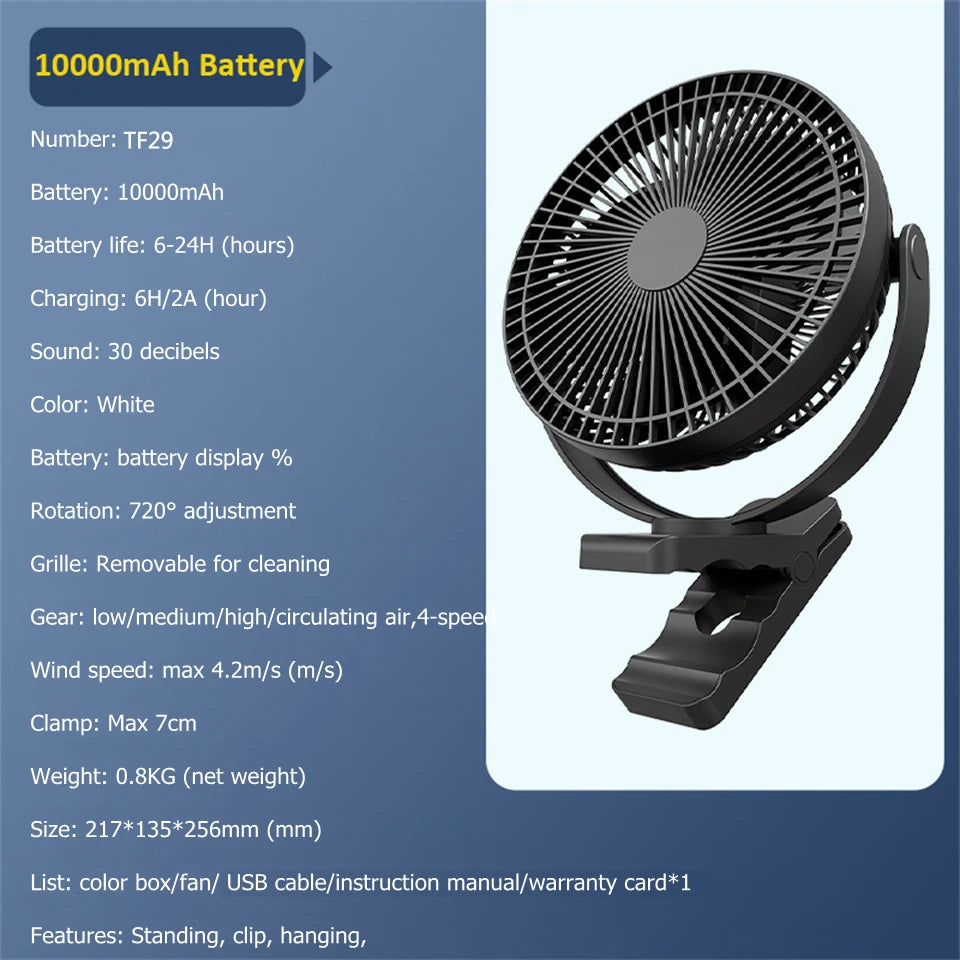 8-Inch Rechargeable Battery Operated Clip-On Air Circulating USB Fan