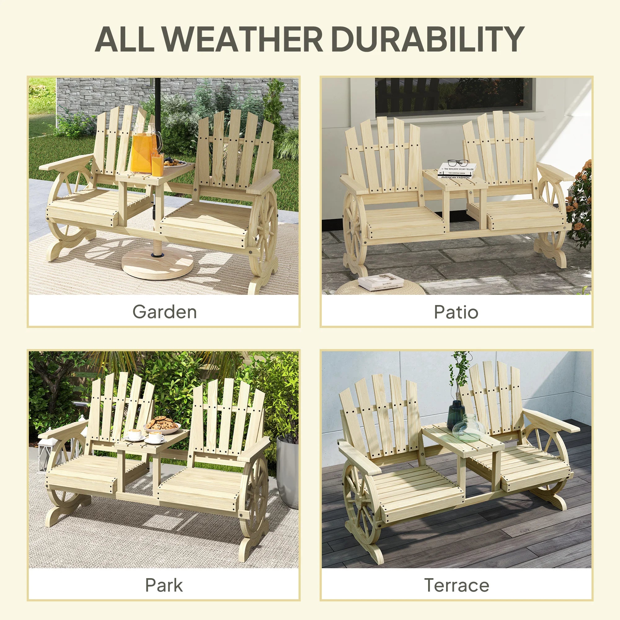 2-Seat Outdoor Wooden Bench with Table, Natural Wood | 1503