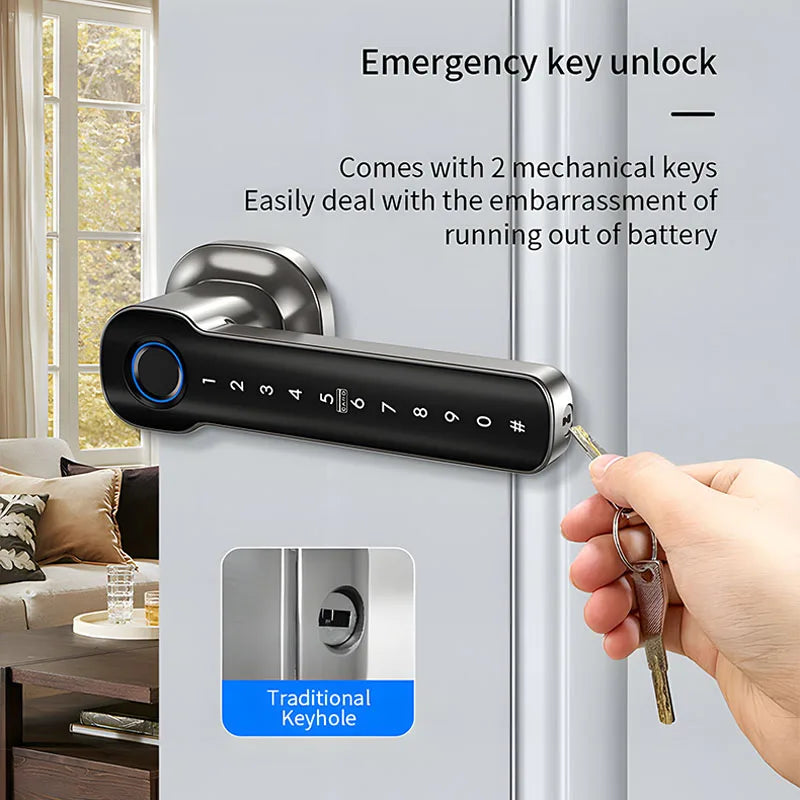 Smart Hand Lock for Front Doors Fingerprint Key Access Card Unlocking Tuya APP Remote