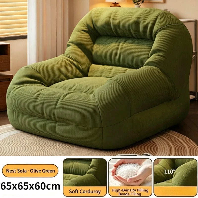 Olive Green Corduroy Bean Bag Sofa | High-Density Filling for Bedroom & Living Room