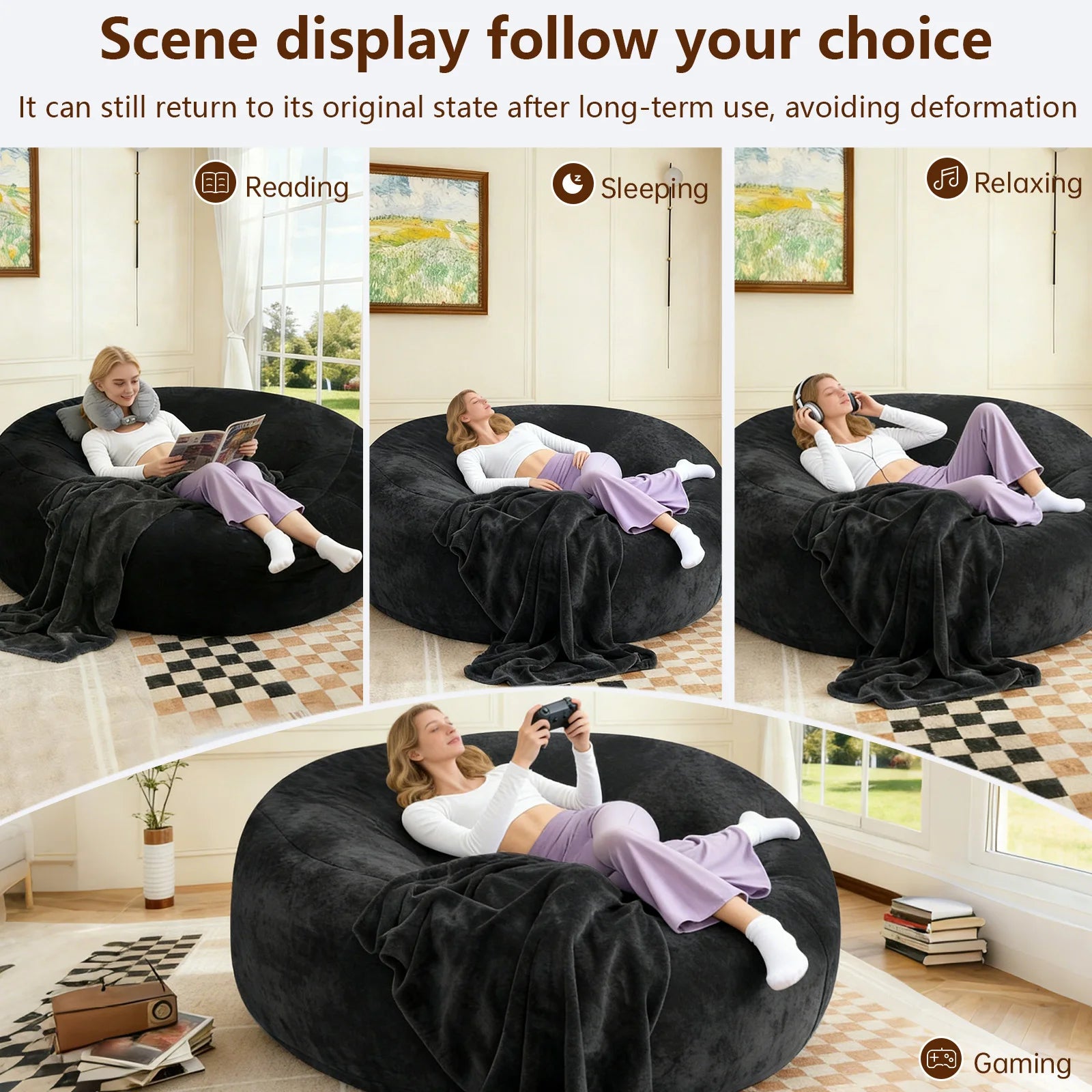 Adult Memory Foam Bean Bag Chair, 39 x 39 x 24 in, Soft Flannel Washable Cover, Padded Reading Seat for Bedroom and Dorm | 200134144