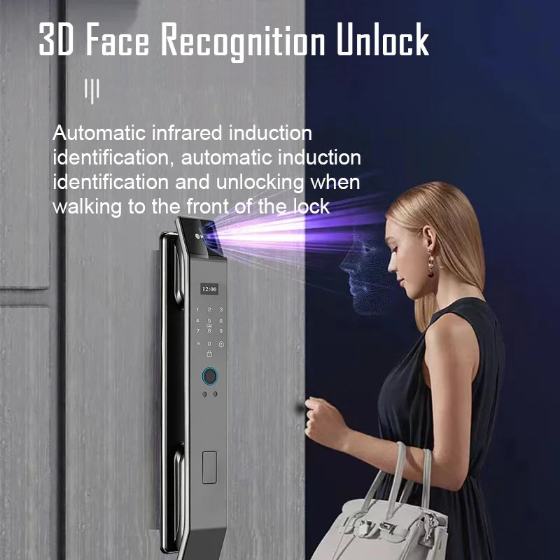 3D Face Recognition Smart Door Lock with Camera | Tuya & Smart Life App Control | Voice Intercom | Fingerprint & Password | Rechargeable Battery | 30280 SC S-H SB