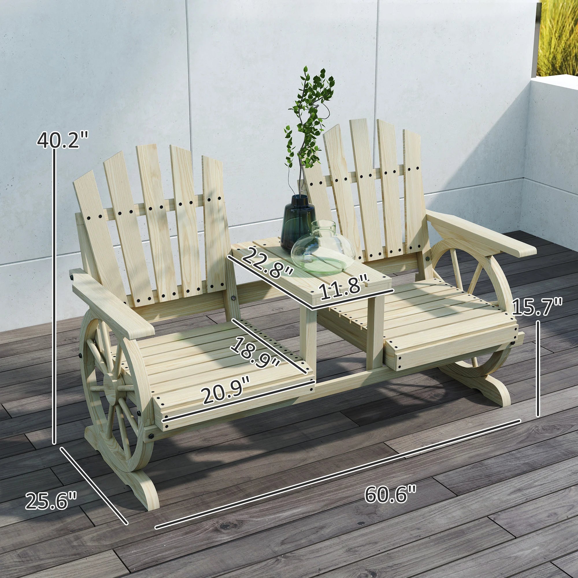 2-Seat Outdoor Wooden Bench with Table, Natural Wood | 1503