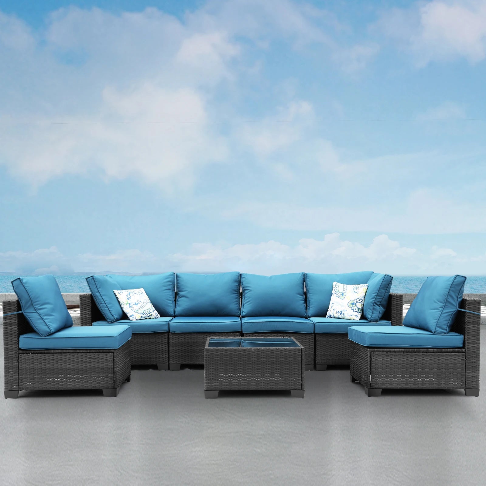 7-Piece Patio Furniture Set - All-Weather Wicker Rattan Outdoor Conversation Set in Black/Peacock Blue for Backyard Garden Pool