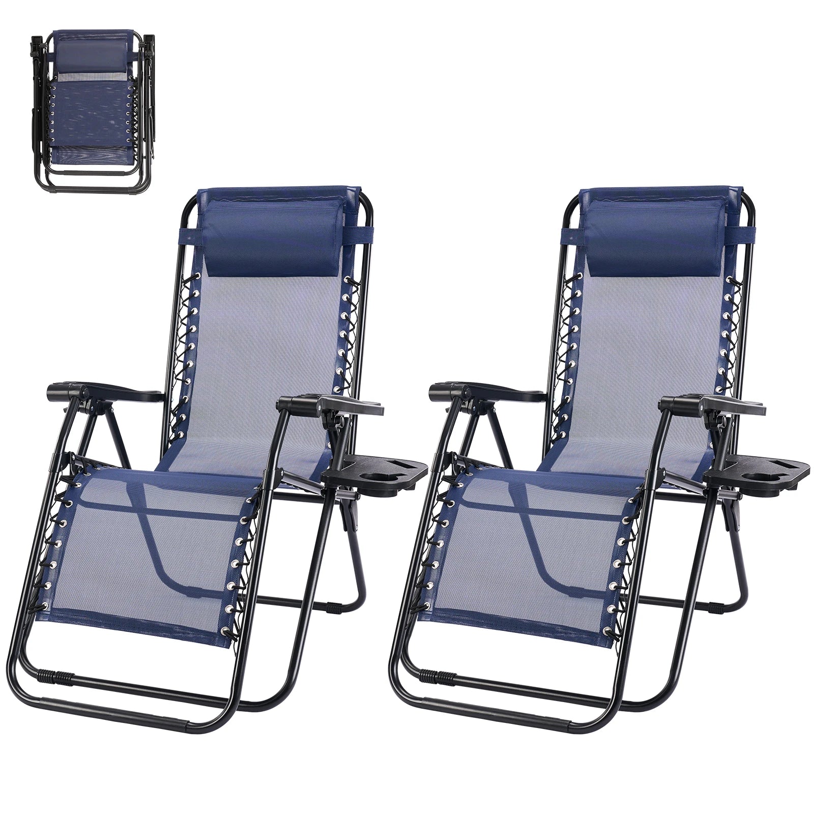 Outdoor Zero Gravity Chairs Set of 2 Folding Recliner Beach Camping Patio Lounge Chair with Cup Holder and Adjustable Pillow