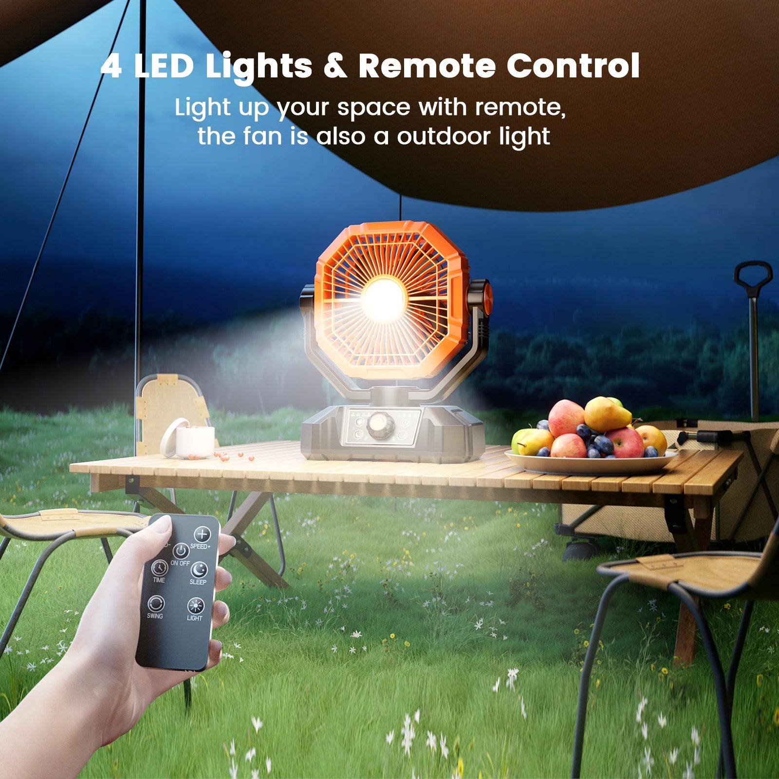 Portable Camping Fan with LED Lantern Remote and Hanging Hook