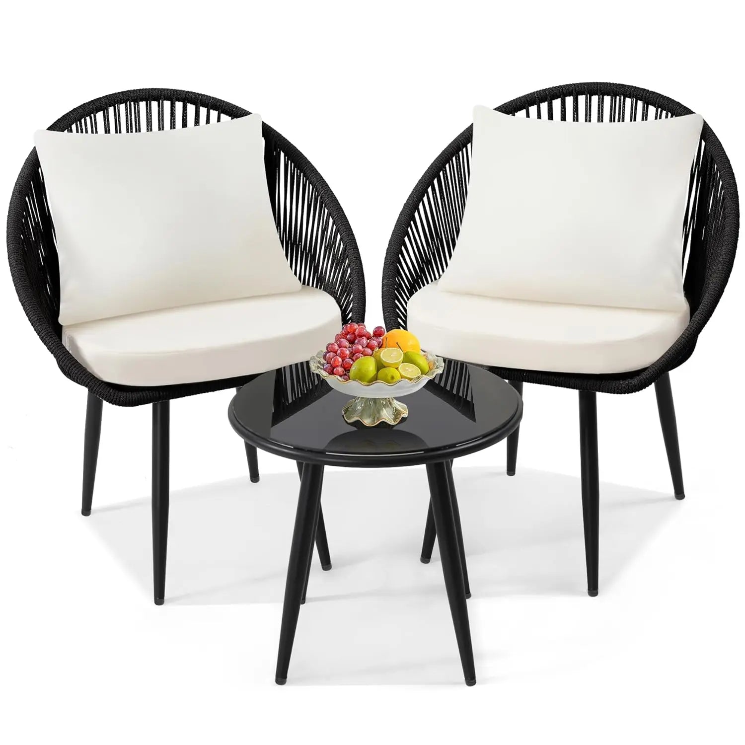3-Piece Outdoor Bistro Set, Woven Rope Chairs with Cushions, All-Weather Patio Conversation Set with Side Table